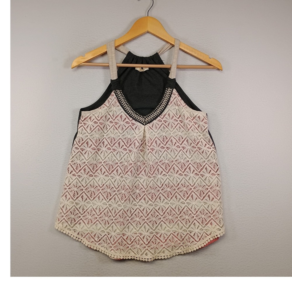 Boho Festival Rewind Womens XS Charcoal Cream Lace Pom Pom Halter Tank Top